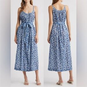 NEW DOEN Nevita Belted Organic Cotton Voile Bleu Soleil Fleurit Midi Dress sz S